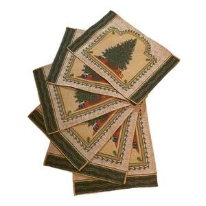 Christmas Tree Placemats Woven Tapestry Style Set of 6 Gold Green 18” X 13”